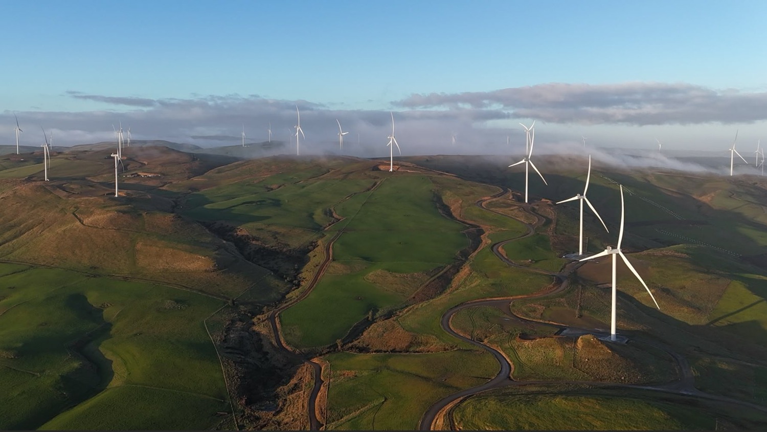 aerial photo of Kaiwera Wind Farm with several turbines spanning across horizon
