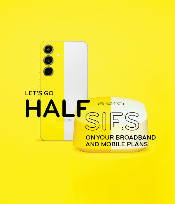 A half yellow and half white phone and a half yellow and half white eero router with text reading "Let's go halfsies on your broadband and mobile plans"